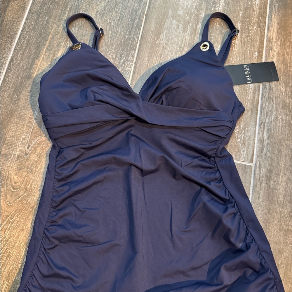 Ralph Lauren Navy Swimsuit top with Elegant Ruched Sides